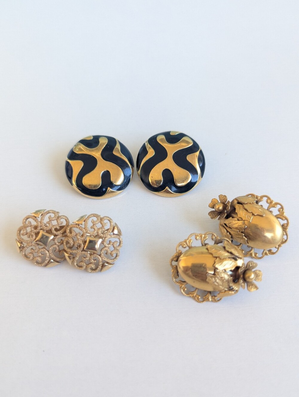 Round Black and Gold Statement Clip-On Earrings - Women Jewelry (Bundle)